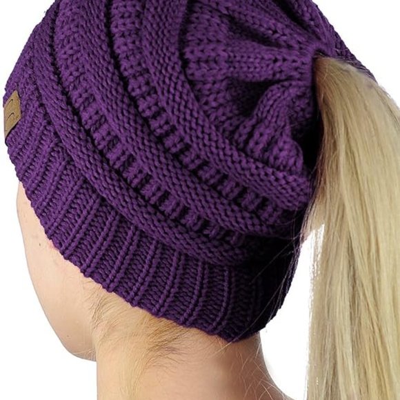 Accessories - C.C BeanieTail Soft Stretch Cable Knit Messy High Bun Ponytail Beanie Hat